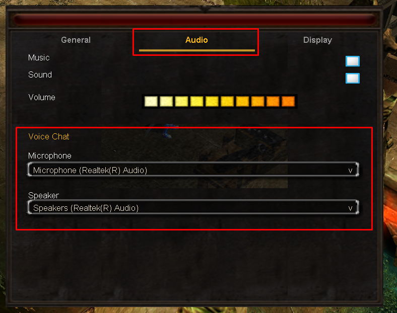 Options Audio tab with Voice Chat microphone and speaker settings